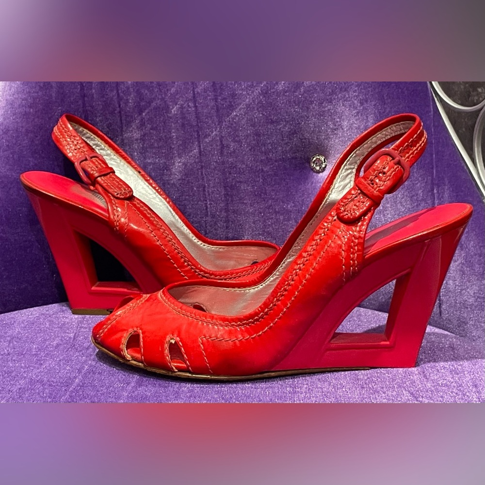 Belle Sigerson Morrison Red Peep-Toe Wedge Sandals